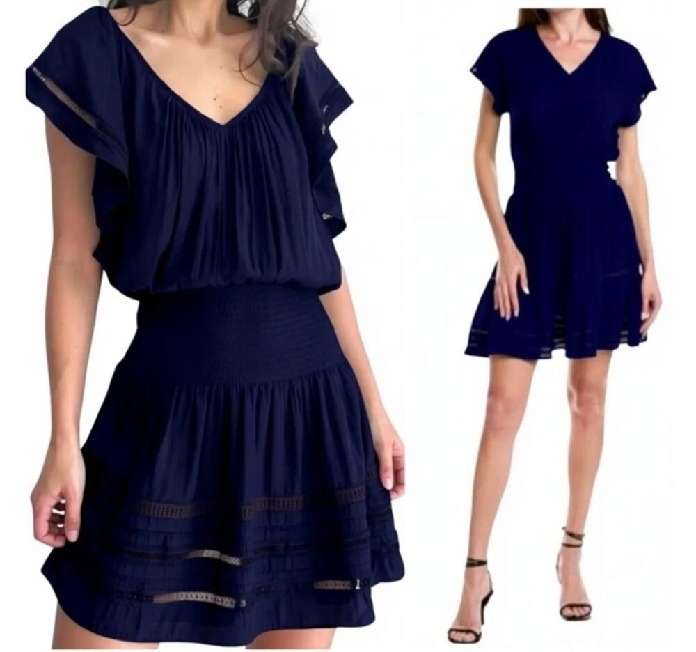 Ramy Brook New York Navy Blue Teresa Smocked Tiered Mini Dress Sz S Retail $445